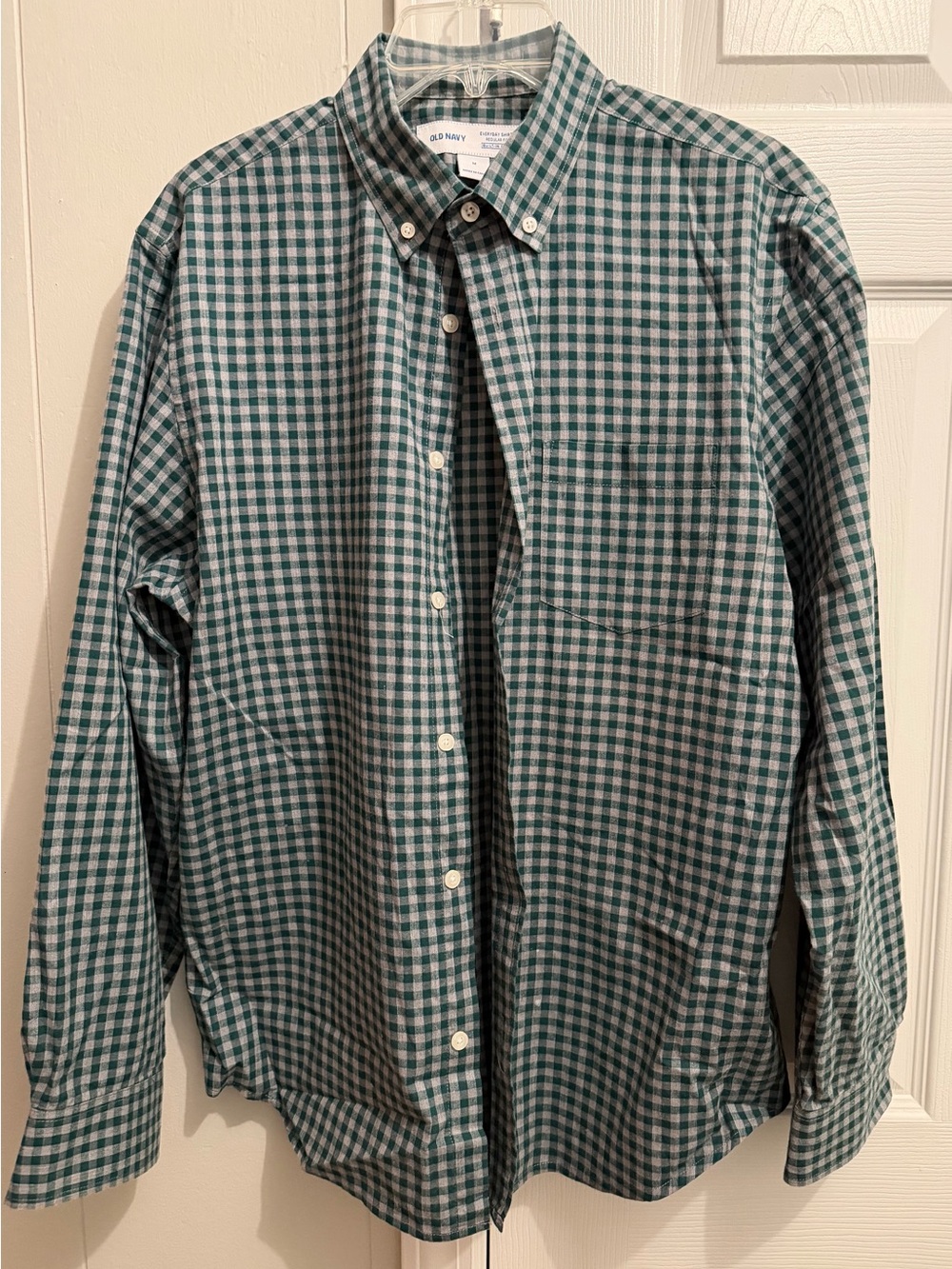 Old Navy Men's Green and White Gingham Button-Down Shirt